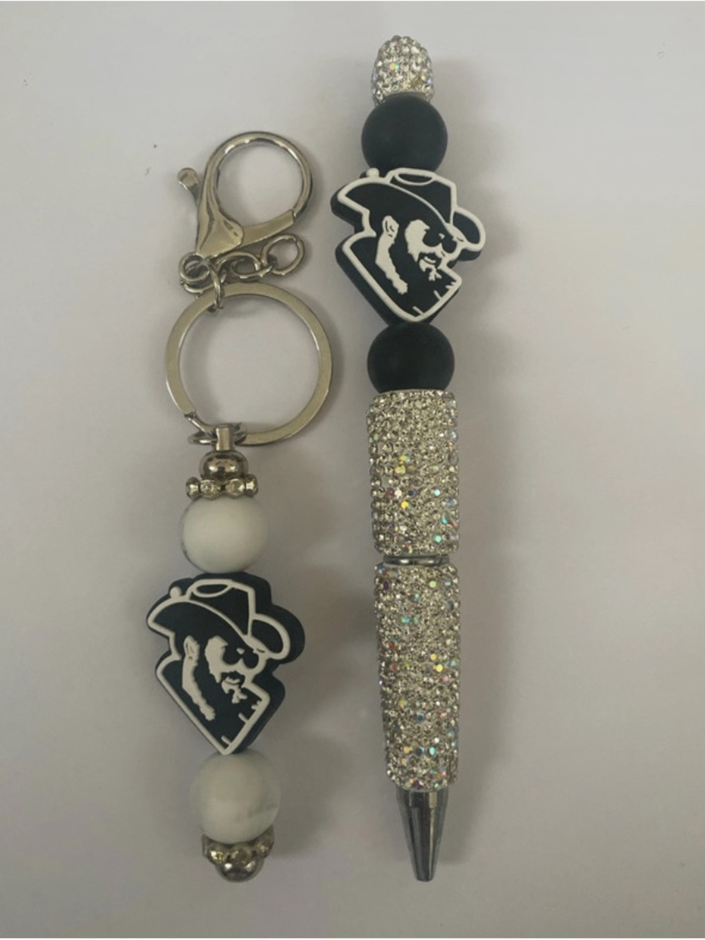 Rhinestone Rip From Yellowstone, Beaded Pen and Keychain Set - Black & White